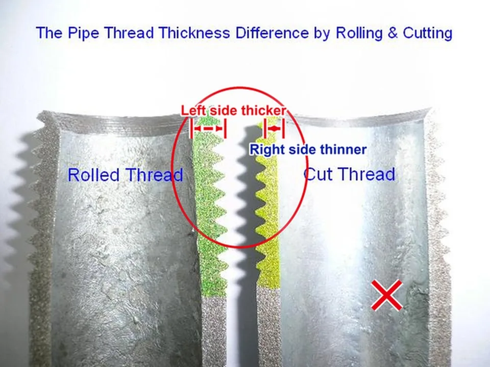 Cross-section comparison: the rolled thread keeps a thicker wall while the cut thread is thinner at the thread