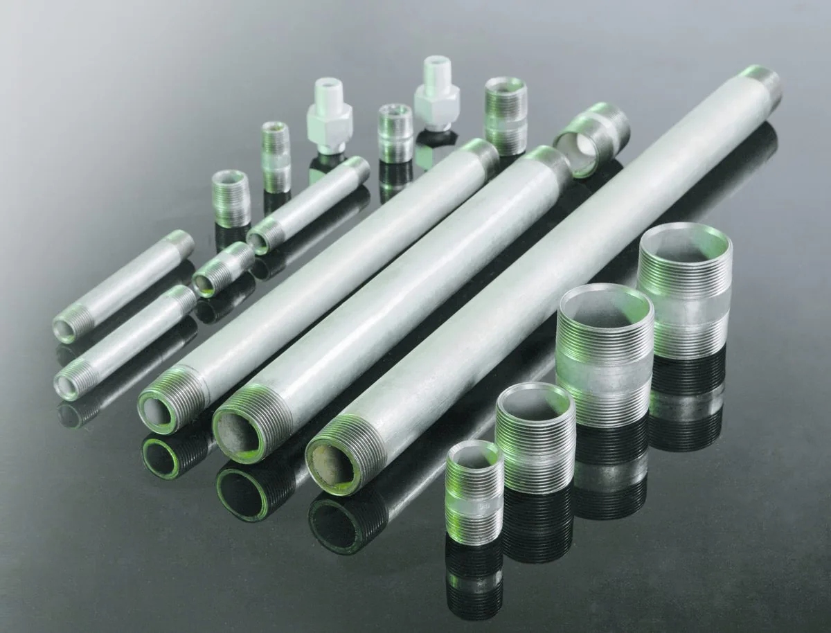 Galvanized rolled-thread steel pipe nipples with the zinc coating intact